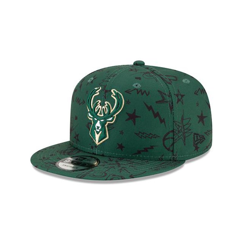 NBA Milwaukee Bucks Doodle 9Fifty Snapback (MKL1146) - Green New Era Caps